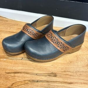 Dansko Blue and Tan Cutout Clogs